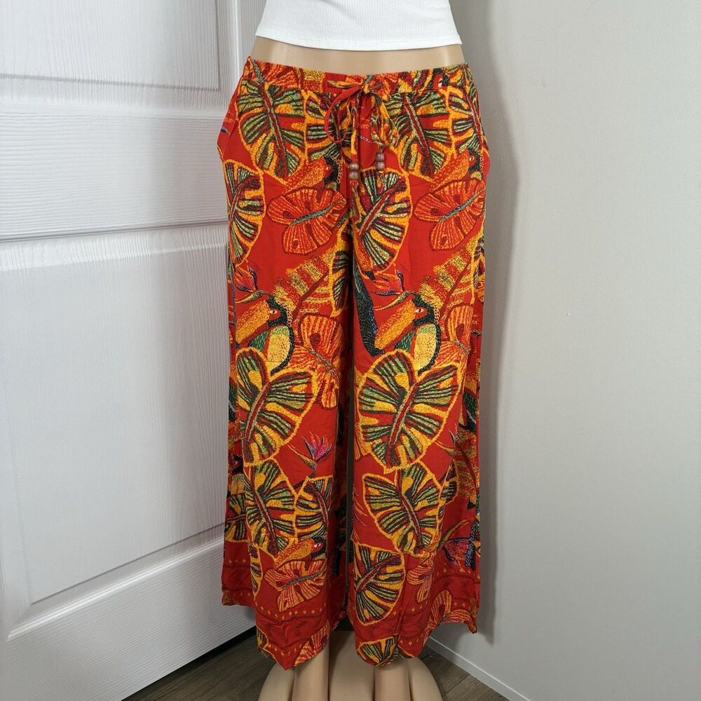 Christian Siriano womens Pant Sz M Wide Leg Rayon Palazzo Tropical Beach Beads